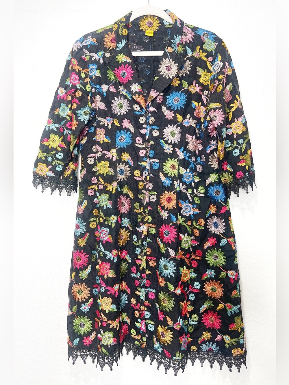 Ohm Hand Embroidered Floral Duster Coat Black Silk Lace Trim Boho Art Wear Rare